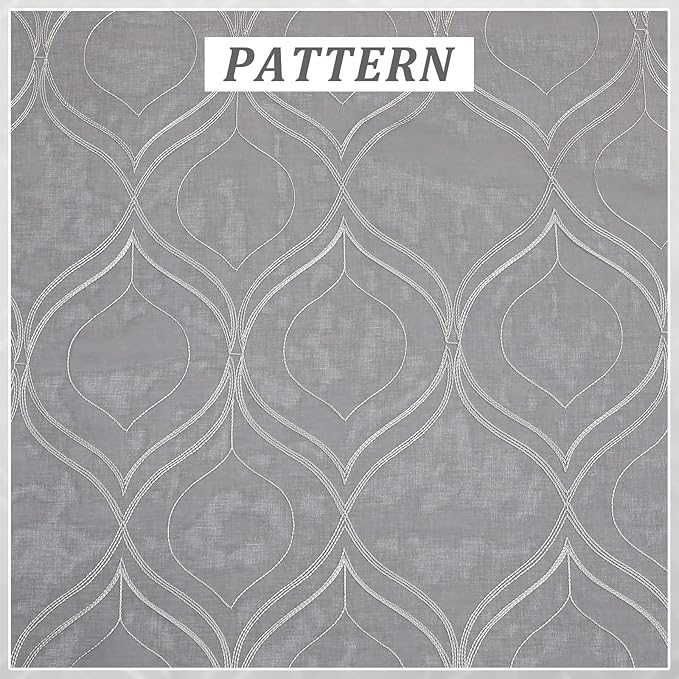 VISIONTEX Sheer Curtains 95 Inches Long 2 Panels Set Light Grey Moroccan Embroidered Curtains Trellis French Textured Rod Pocket Voile Tulle Semi Window Drapes for Bedroom Living Room 54 x 95 Inches