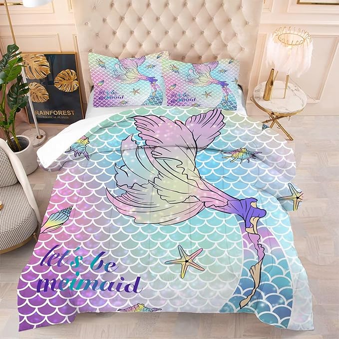 kxry Mermaid Tail Comforter Set Twin Size Gradient Fish Scales Sea Bedding Sets for Girls Teens Kids Ocean Starfish Conch Soft Microfiber Lightweight Comforter Set with 1 Comforter + 1 Pillow Case