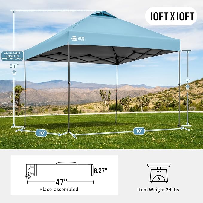 CROWN SHADES Adjustable Height on The Fly, 10x10 Pop Up Canopy - Beach Tent with One Push Setup - Easy Outdoor Sun Shade for Events, Parties, Camping - Outside Shade with STO-N-Go Bag, Cyan Blue