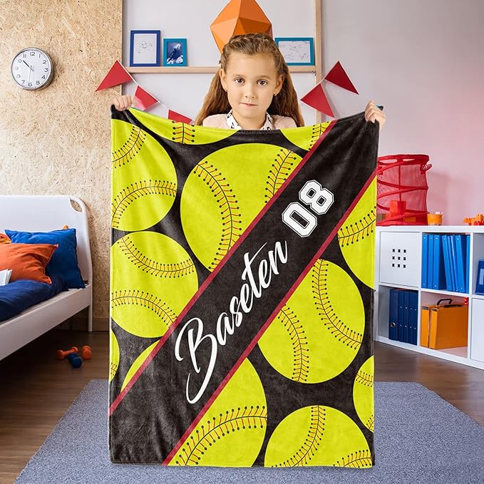 Personalized Softball Baby Blanket Gifts: Custom Soft Flannel Fabric Blankets with Name Number for 0-6 Years Kids Boys Girls - Warm and Comfortable(30X40inch)