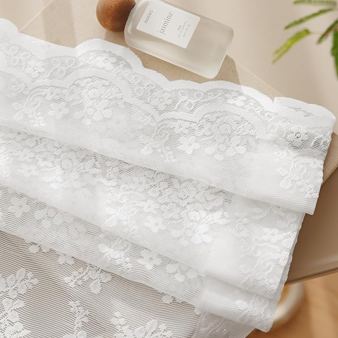 Anmao Vintage Lace Curtains 84 Inches Long 2 Panels Set, Romantic Elegant Light Filtering Semi Sheer Floral Thick Lacy Curtain Drapes for Living Room and Bedroom, Each Panel 55W x 84L, Bright White