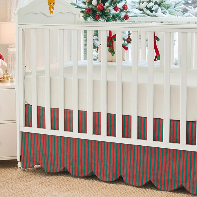 Brandream Scallop Edge Cotton Crib Skirt Toddler Bedskirt Boho Farmhouse Baby Nursery Bedding Neutral Solid Color with Red Green Stripes Christmas Holiday Chic
