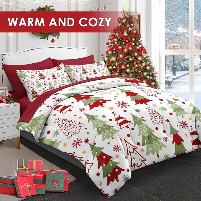 7 Pcs Full Size Christmas Comforter Set with 2 Pillowcases & 2 Shams, Colorful Xmas Tree Bedding for Kids and Adults, Funny Winter Holiday Bed in a Bag with Flat Fitted Sheet