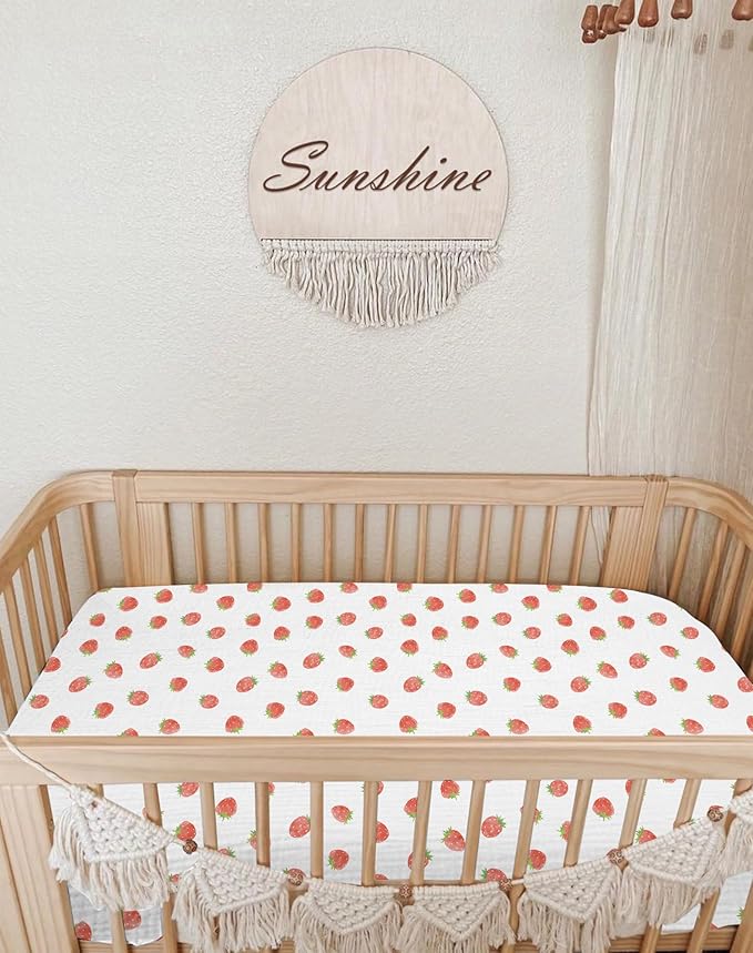 Pack and Play Sheets for Baby Boy and Girl 2 Pack, Neutral Muslin Cotton Pack N Play Mattresses Sheet 27"x39", Muslin Nursery Bedding Soft and Breathable Comfort (Strawberry & Pale Pink)