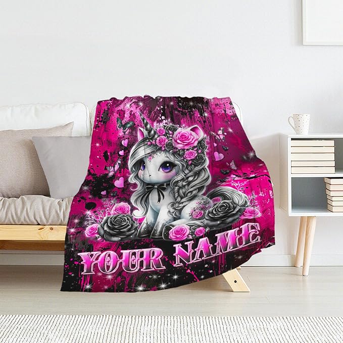 Personalized Girls Blanket for Unicorn - 50" x 60" Cute Blanket Gifts for Teens - Cozy Flannel Throws Decor for Living Room, Sofa