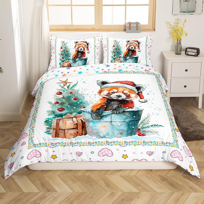 Feelyou Christmas Duvet Cover Set Xmas Tree Bedding Set for Kids Boys Girls Red Panda Love Print Comforter Cover Cute Animal Quilt Cover Room 2Pcs Twin Size,Zipper,No Comforter