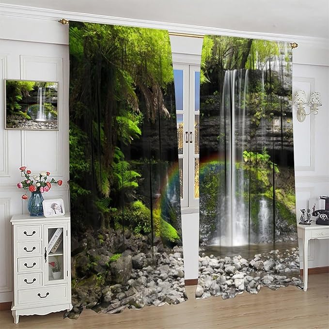 Natural Landscape Waterfall Blackout Curtains, Forest Falls Spring Natural Scenery Green Plant Tree Leaf Rod Pocket Window Drapes, for Bedroom Living Room 42" W X 45" L
