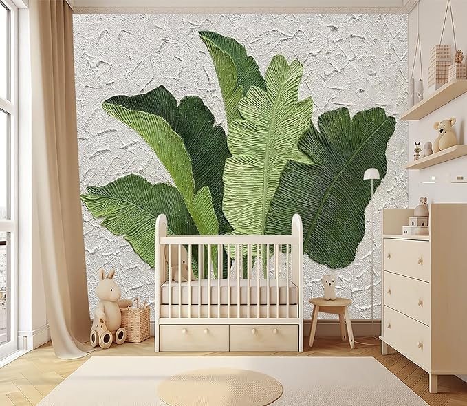 XMPMBM-Hand-Painted Banana Leaf Art Fabric Wallpaper Graffiti Green Leaf Living Room Bedroom Bathroom Wall Mural-W 154" X H 105"（112 Square Foot）