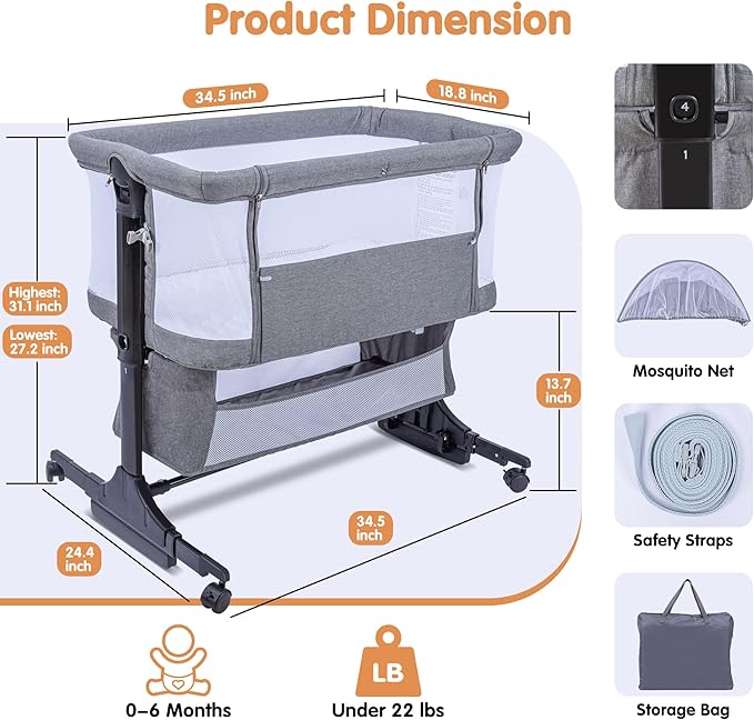 Bedside Bassinet, 3-in-1 Baby Bassinet Bedside Sleeper with Mosquito Net, Adjustable Height, Portable Baby Crib with Wheels, Breathable Mesh & Storage Basket