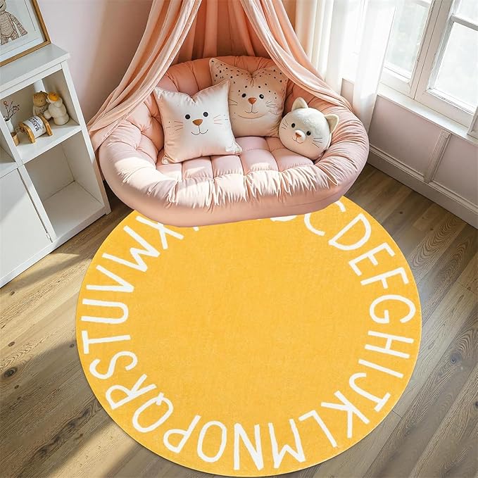 2.6ft Kids Circle Rug,ABC Rugs for Kids Playroom,Colored Alphabet Nursery Area Rug, Non-Slip Mat, Carpet Suitable Modern Home Decoration for Living Room Machine Washable Rugs, Anti-Slip Easy Clean