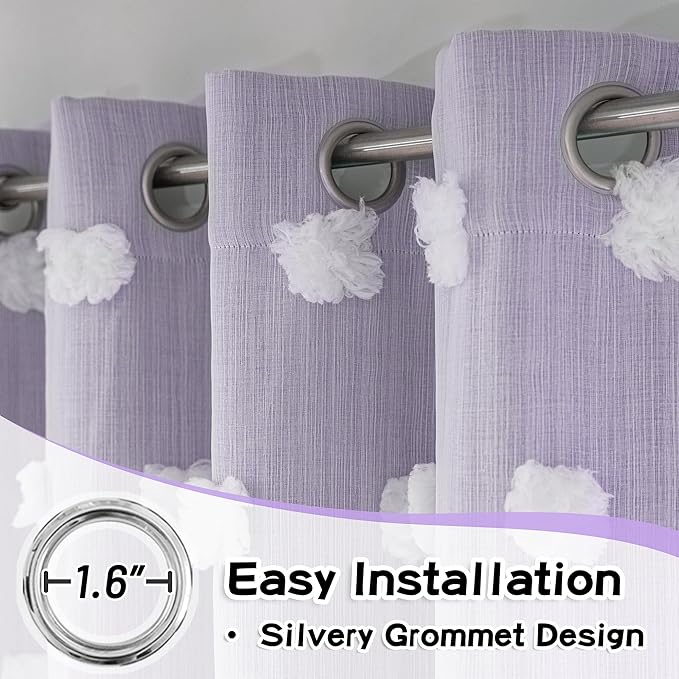 MYSKY HOME Lilac Curtains for Bedroom 72 Inches Long Nursery Curtains Pom Pom White Sheer Curtains for Girls Room Double Layer for Toddler Bedroom Grommet Room Darkening Window Panels 52" x 72"