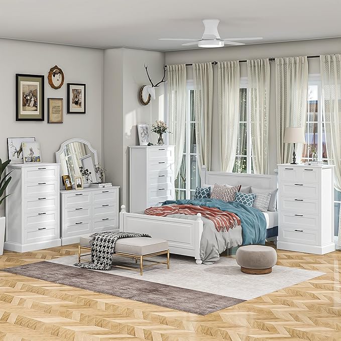 White 6 Drawer Dresser, 47'' Tall Modern Vertical Chest of Drawers with Painted Wood, Storage Dressers for Bedroom, Living Room, Hallway, Entryway, White