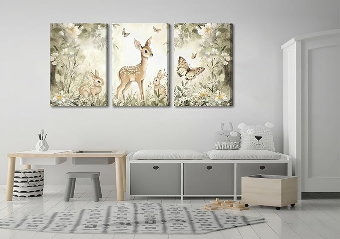 3Pcs Woodland Animal Nursery Canvas Wall Art Cute Forest Animal Wall Decor Pictures Deer and Butterfly Wildflowers Posters Prints for Nursery Bedroom Kids Room Home Decoration Prepare to Hang 16x24in