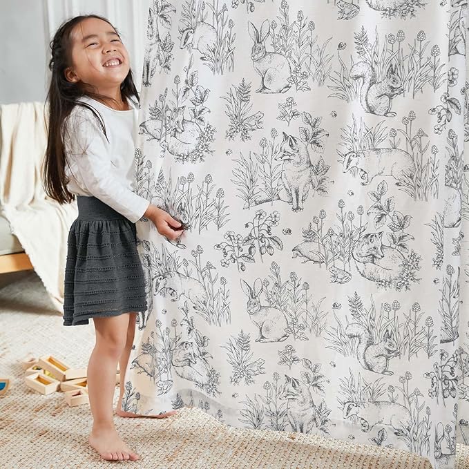 jinchan Linen Nursery Curtains 84 inch Long Woodland Wildlife Grey Print Drapes for Kid's Room Light Filtering French Country Farmhouse Gray Curtains with Bunny and Forest Design Set of 2 Panels