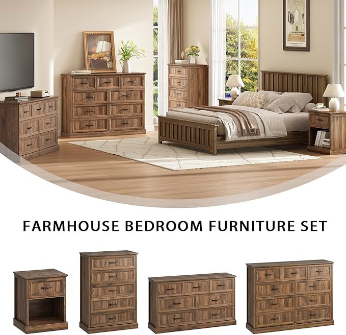 CARPETNAL Farmhouse Dresser and Nightstand Sets for Bedroom, 3 Pcs Bedroom Set, 7 Drawer Dresser & Nightstand Set of 2, Modern Wood Chest of Drawers for Bedroom, Living Room, Entryway, Brown