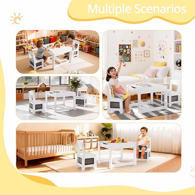 Kids Table and Chairs Set, 3 in 1 Wooden Toddler Table with Storage Drawer and Detachable Tabletop, for Children/Toddler/Baby Drawing Reading Playing, White and Gray