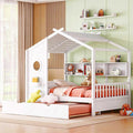 Full Size House Bed with Roof and Window for Kids, Wooden Playhouse Bed with Storage Shelves and Trundle for Bedroom Furniture Girls & Boys (White/T2)