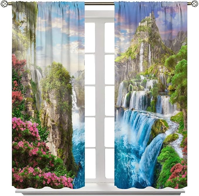 Forest Waterfall Blackout Curtain, Watercolor Tropical Jungle Waterfall Spring Flower Natural Scenery Pattern Window Drapes, for Bedroom Living Room 63" W X 72" L