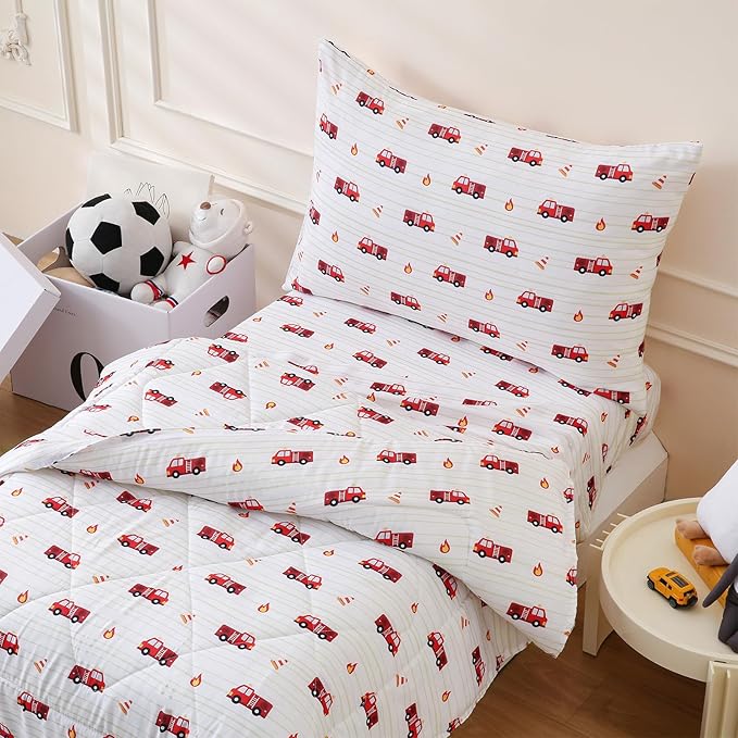 LONAVA Twin Kids Comforter Set - 4 Pieces Twin Bedding Sets for Boys Girls Children, Ultra Soft Microfiber Bed in A Bag with Flat Fitted Sheets, Fire Truck