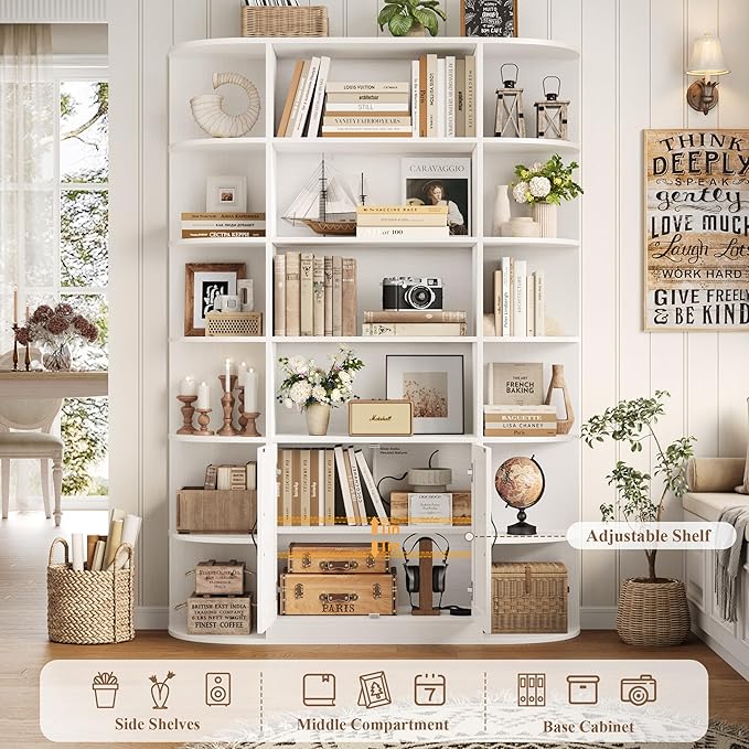 HOSTACK 75" Tall Book Shelf and Bookcase, 6 Tier Bookshelf with Storage, 47" Wide Bookcase with Doors, Freestanding Wood Display Shelves with Book Storage Cabinet for Home Office, Living Room, White