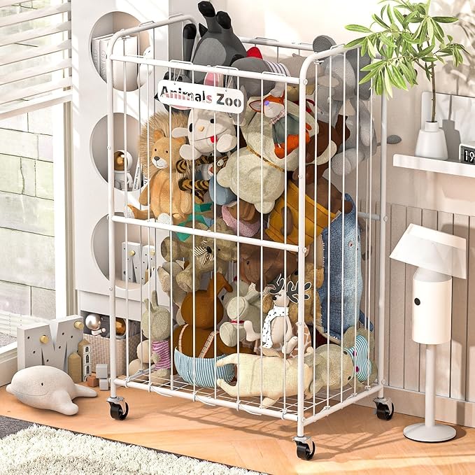 250L Stuffed Animal Organizer Plush Toy Storage Organizer Toy Storage Basket, Kids Toy Storage Bins with Wheels, Metal Frame and Elastic Cord Design, Suitable for Storage of Any Stuff