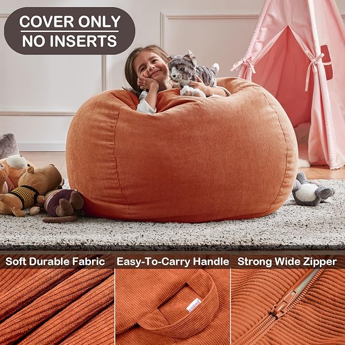 Nobildonna 3 ft Bean Bag Chair Cover (No Filler) 35"×43" Large Stuffed Animal Storage Bean Bag Washable Big Beanbag Chair Cover Premium Corduroy Bean Bag Cover for Adults,Kids,Sandy Brown 300L
