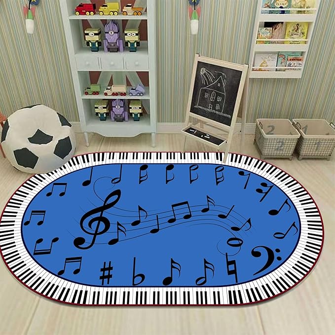 Kids Piano Music Area Rug, 4x5ft, Black and White Keys Musical Notes Design Rug, Music Classroom Decorative Floor Mats, Non-Slip Washable Indoor Carpet for Children's Bedroom Playroom Nursery