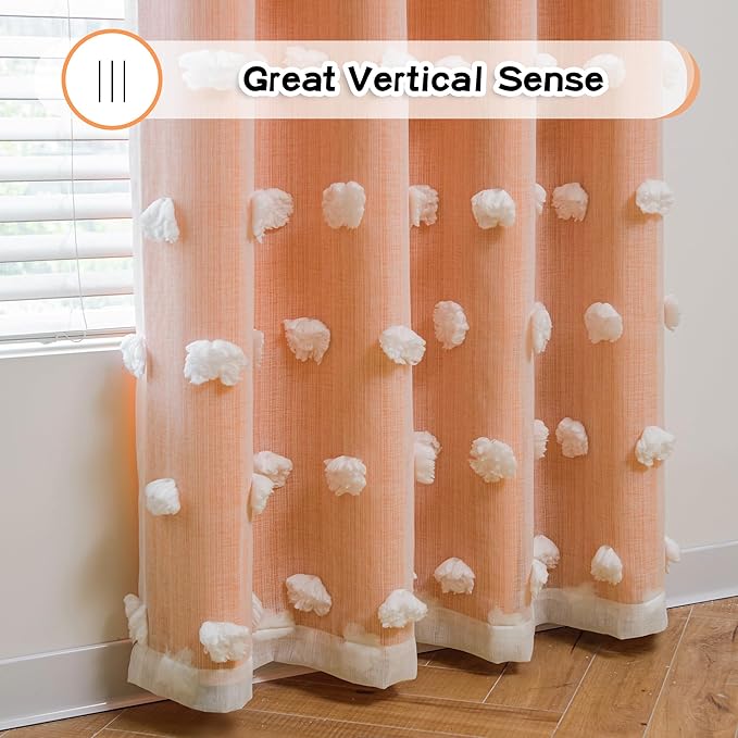 MYSKY HOME Orange Blackout Curtains for Living Room Girls Bedroom Double Layer Curtains Nursery Kids Room 84 Inch Long Curtains White Pom Pom Sheer Grommet Room Darkening Window Curtains, 52" x 84"