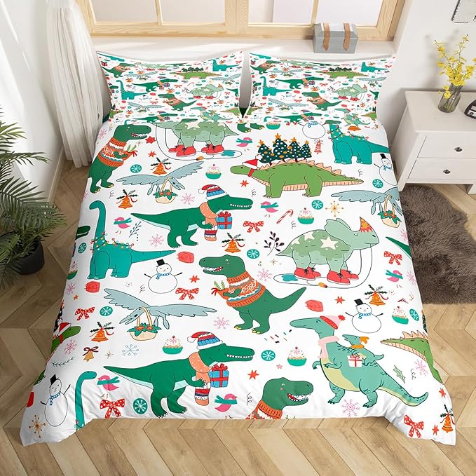 Feelyou Christmas Dinosaur Decorative Comforter Cover Twin Size Cartoon Snowman Duvet Cover Xmas Bow Snowflake Bedding Set Gifts for Kids Boys Girls 1 Pillow Case