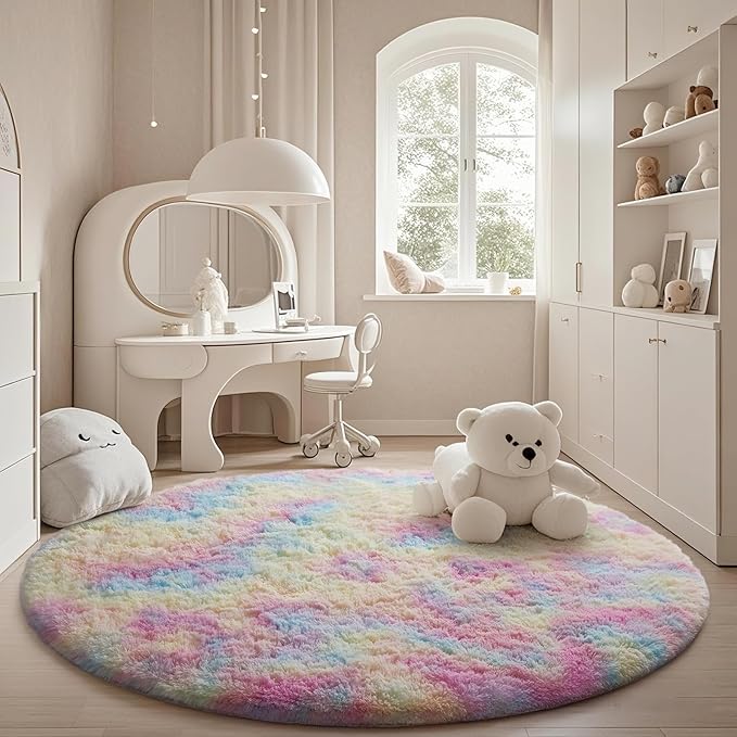Ophanie Round Rug 6Ft Rainbow Circle Area Rug, Cute Room Decor for Teen Girls, Fluffy Fuzzy Bedroom Carpet, Plush Soft Shaggy Living Room Rugs for Kids Home Decor Aesthetic, Nursery