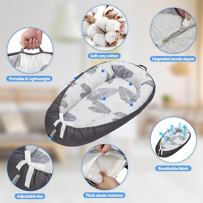 Baby Lounger - Breathable & Soft Baby Nest, Portable and Lightweight Tummy Time Lounger for Home and Travel, Ideal Newborn Babies Essentials Baby Shower Gifts