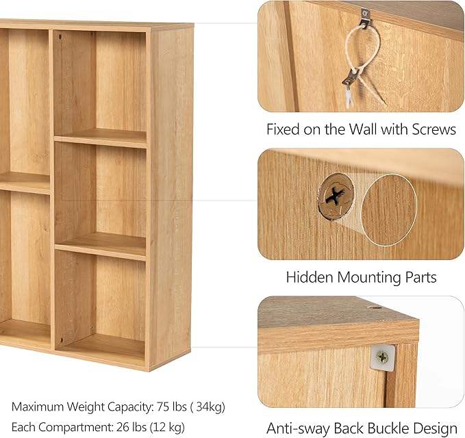 Wooden 6-Cube Storage Organizer with Closed Back Panel, 11.34" Cube Shelf Opening, Bookshelf, Display Shelf for Living Room, Bedroom, Home Office, 35.98" L x 9.45" W x 24.09" H, Natural Wood