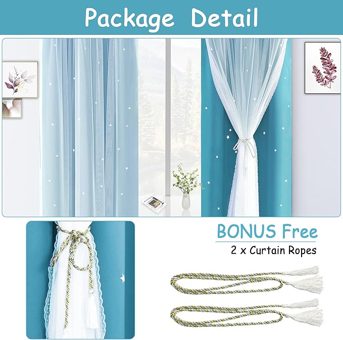 Kinryb Kids Blackout Curtains for Bedroom/Living Room/Classroom, Sheer Overlay Small 2 Panel Set, Double Layer Curtains with Star Cutout for Kids Room(W 52 x L 45 Inches,Sky Blue 2 Pcs)