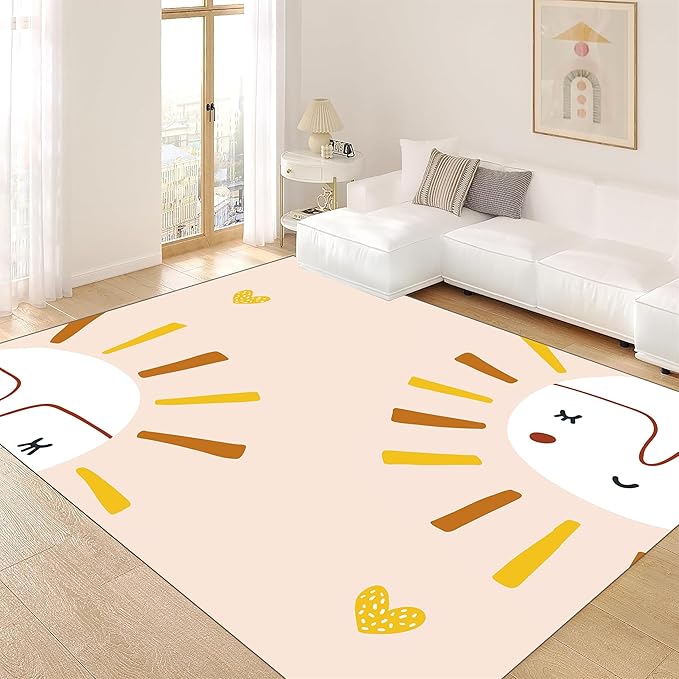 Children's Rug Living Room Plush Area Rugs Educational Rugs Soft Washable Non-Slip Rugs Simple Cute Sun and Love Prints Kids Room Nursery Decor Pink Rugs 5x8ft