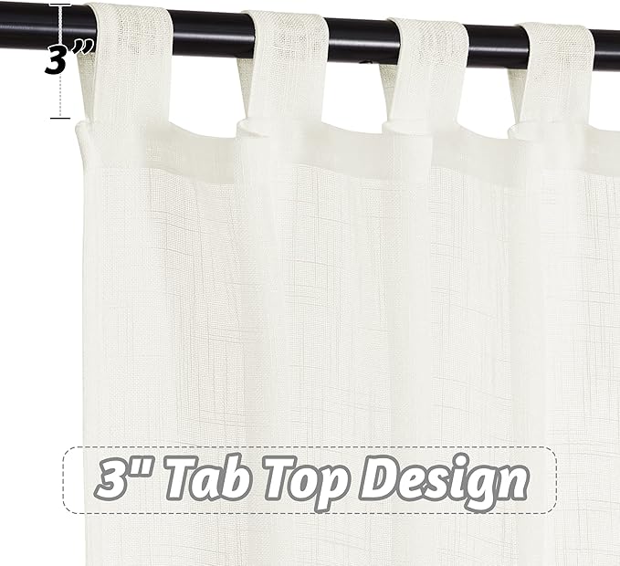 RYB HOME Sheer Curtains for Living Room - Linen Textured Wave Semi Translucent Privacy Light Filtering Drapes for Office Bedroom Patio Door, 52 inch Wide x 96 inches Long, 1 Pair, Cream