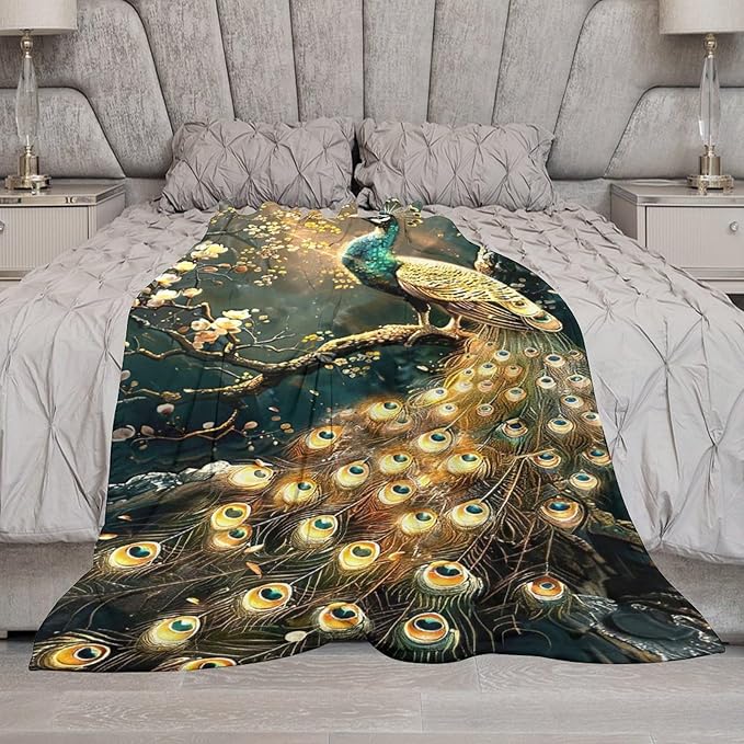 Peacock Blanket Gold Peacock Gifts for Girls Boys Woman Kids Lover Throw Blankets Soft Blanket Warm Fleece Flannel Plush Blankets for Bed Sofa Couch 60"x80"