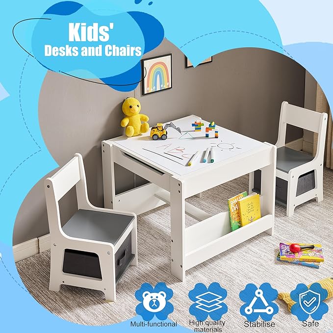 Kids Table and Chair Set, 3 in 1 Wooden Activity Table with Storage Drawer for Toddlers Drawing, Reading, Crafts, 2 in 1 Detachable Tabletop Table Set for Nursery, Playroom (Gray & White)