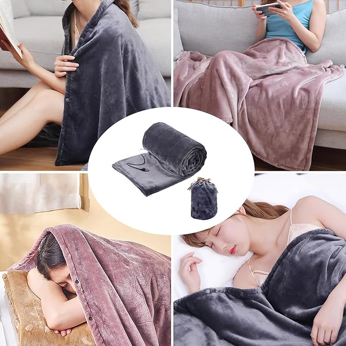 Portable Heated Blanket Throw - USB Charging Flannel Electric Blankets, Fast Heating Warming Winter Throw Blanket for Women, Machine Washable (Gray, 55X31 Inches)