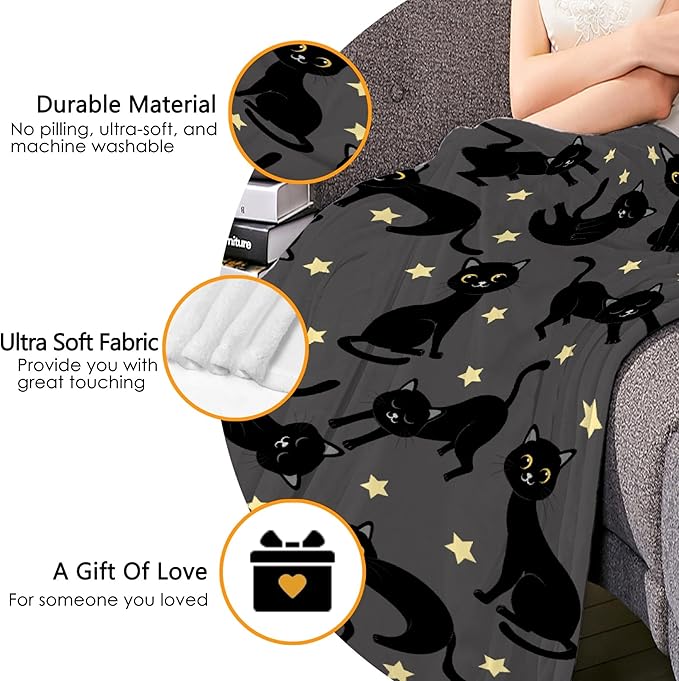 Thuswarm Cats and Stars in The Dark Flannel Throw Blanket Warm Cozy Soft Funny Print Blankets for Bed Couch Sofa Room Decoration Gifts 80”×60” Large for Adult