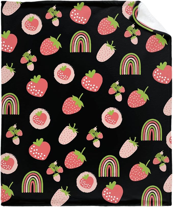 Thuswarm Cute Pink Strawberry Rainbow Flannel Throw Blanket Warm Cozy Soft Funny Print Blankets for Bed Couch Sofa Room Decoration Gifts 120"×90" Extra Large for Family