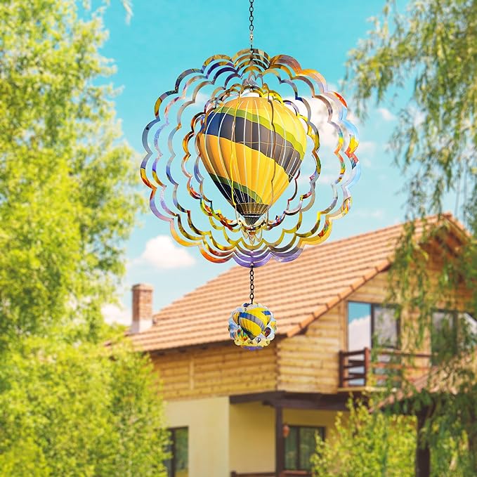 J-Fly Hanging Decor Outdoor,Outdoor Garden Decor，Wind Spinners Outdoor Colorful Hot Air Balloon Hanging Decor,Ornaments Kinetic Yard Art, for Women-Yellowish Gray Hot Air Balloon