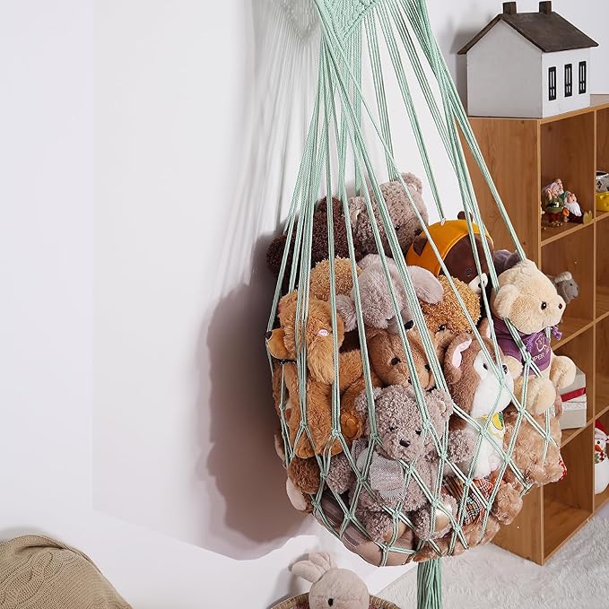 Stuffed Animal Hammock Wall Hanging Net for Stuffed Animal Net Stuffed Animal Storage Plush Toy Holder Toy Organizer for Boho Kidroom Nursery (Green)