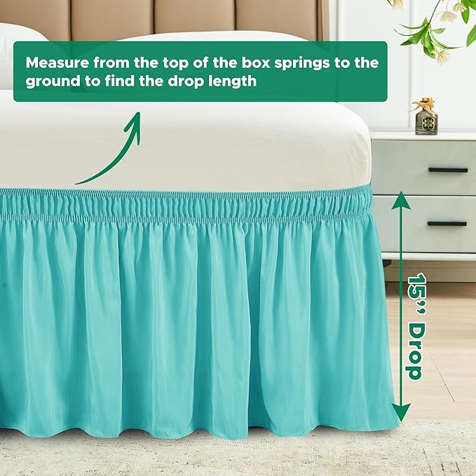 Biscaynebay Wrap Around Bed Skirts for King & Cal King Beds 15" Drop, Aqua Adjustable Elastic Dust Ruffles Easy Fit Wrinkle & Fade Resistant Silky Luxurious Fabric Machine Washable
