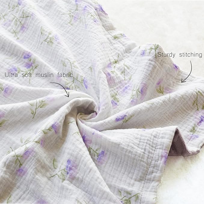 BOPRIO Baby Blankets for Unisex Boys Girls Super Soft Nursery Minky Blankets with Breathable Muslin Cotton Front and 3D Touch Dotted Fleece Backing, Floral Printed Bed Throws Newborn 30 x 40 Inch