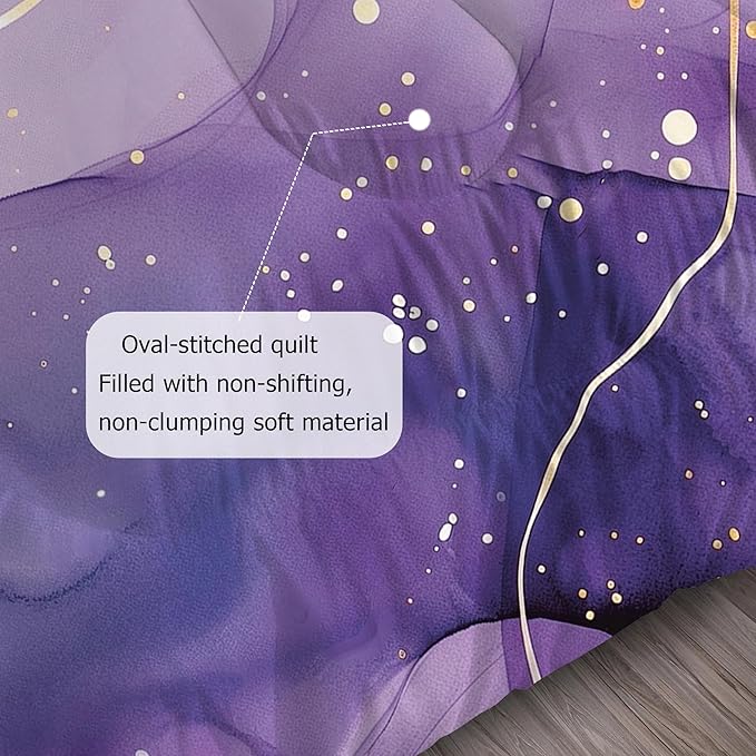 Purple Comforter Set Queen: Light Purple Watercolor Marble Bedding Set Abstract Artwork Gold Glitter Marbling Quilts Modern Aesthetic Bed Set for Women Adults Girls 3 Piece