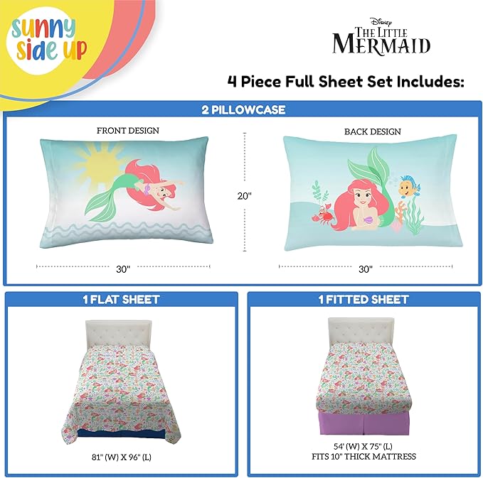 Sunny Side Up Disney The Little Mermaid Full Sheet Set - 4 Piece Kids Bedding Set Includes Pillow Cover - Super Soft Ariel Microfiber Sheets