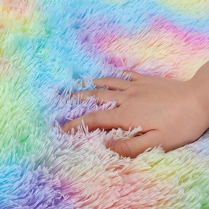 4x4 ft Rainbow Fluffy Round Rug for Girls Bedroom,Colorful Soft Shaggy Circular Area Rug Kids Cute Fuzzy Carpet Furry for LivingRoom Nursery Dorm Playroom Room Unicorn Decor Reading Nook Mat