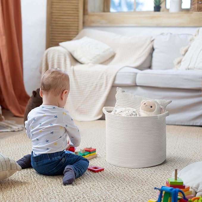 Blanket Basket - Woven Round Rope Storage Basket (16"Wx14"H) for Blankets & Throws, Small Laundry & Toy Organizer, Decorative Living Room & Bedroom Cotton Basket - White