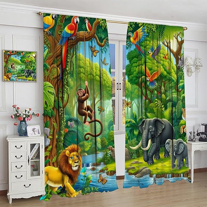 Animals Window Curtain Cartoon Jungle Forest Elephant Lion Print Curtains for Kids Boys Girls Nursery Baby Bedroom Playroom Home Decor Window Drapes 55" W X 63" L