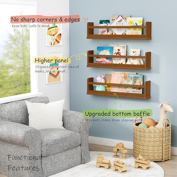 24 Inch Kids Wall Bookshelf for Bedroom, Large Floating Nursery Book Shelves for Baby Girls Boys Toddlers (24", Walnut)
